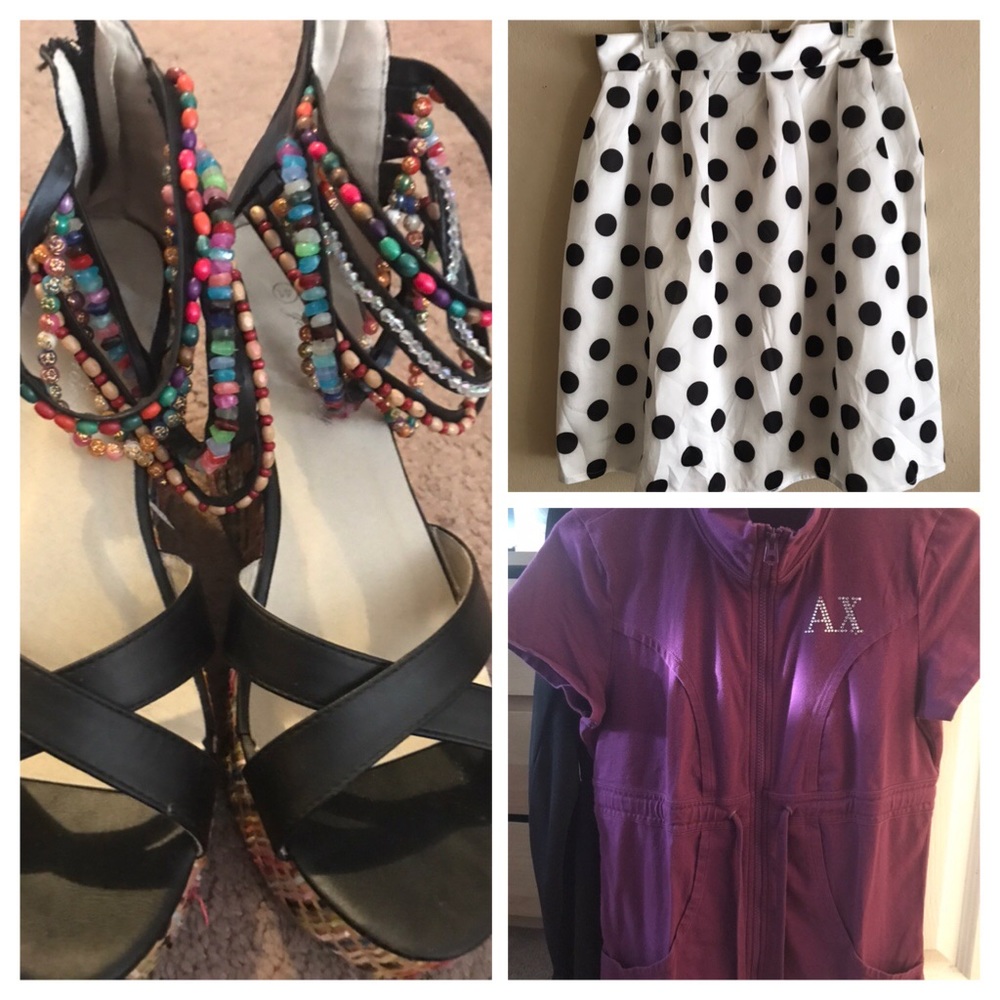 Shoes, skirt, t-shirt with zip, purse